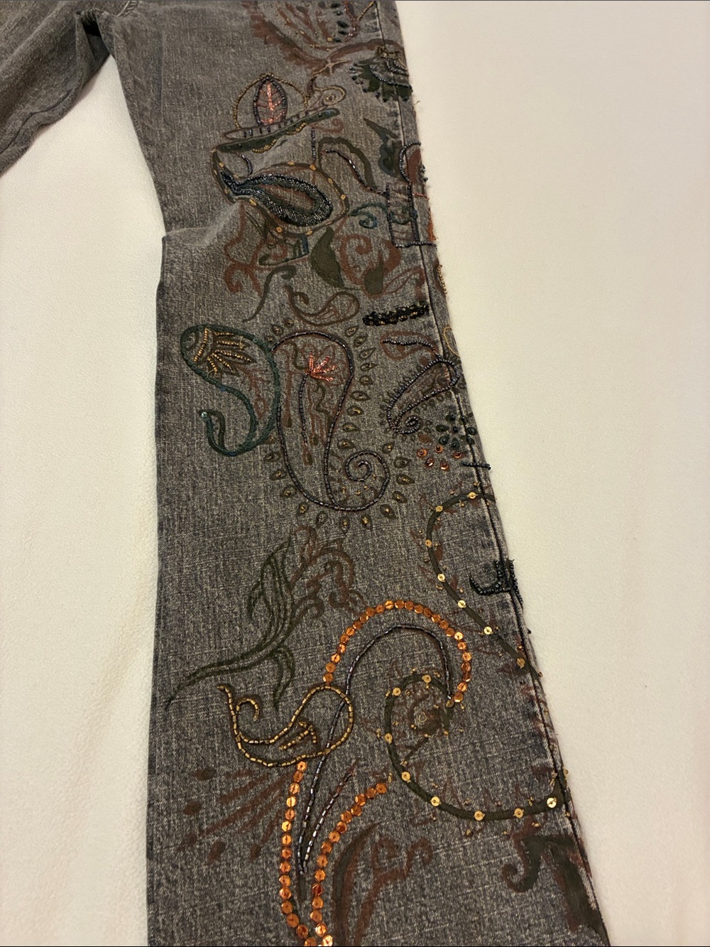 Chico's Gray Flare Jeans with Paisley Embroidery - Picture 4 of 15